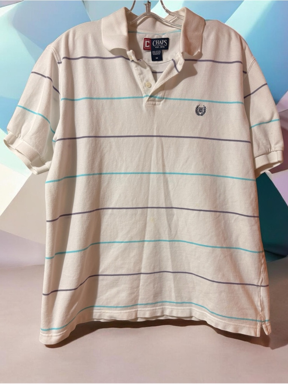 Chaps Men’s Cream Polo with Blue and Teal Stripes